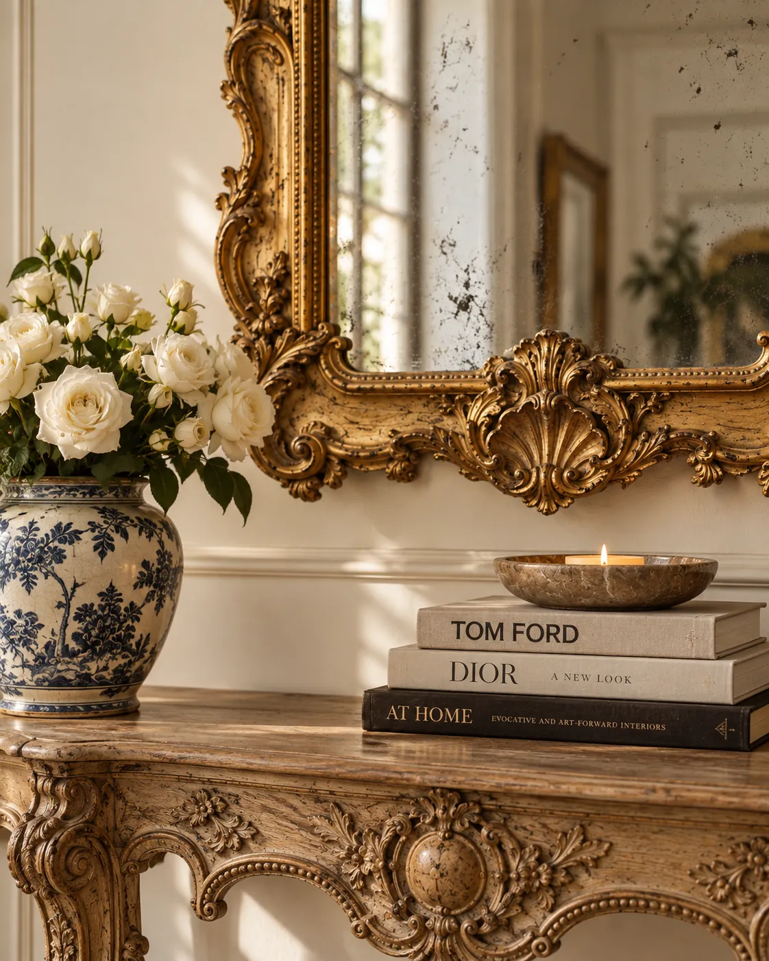 Antique carved console beneath a gilt mirror with foxed glass, styled with a blue and white ginger jar of white roses