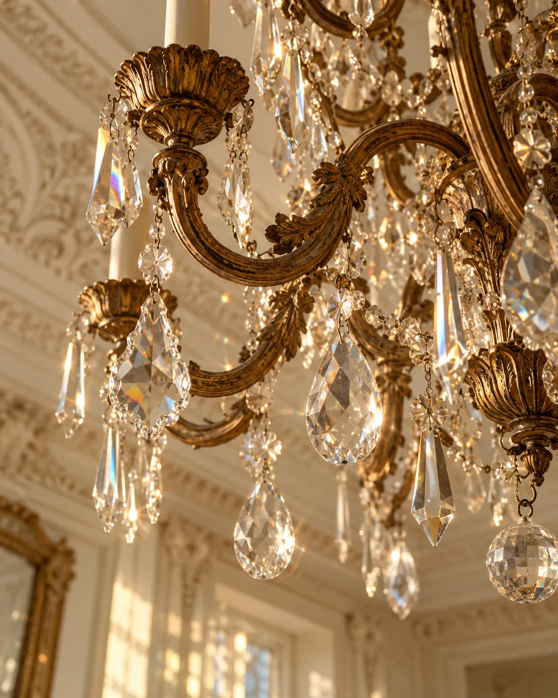 Close-up of an antique crystal and gilt bronze chandelier against an ivory plaster ceiling