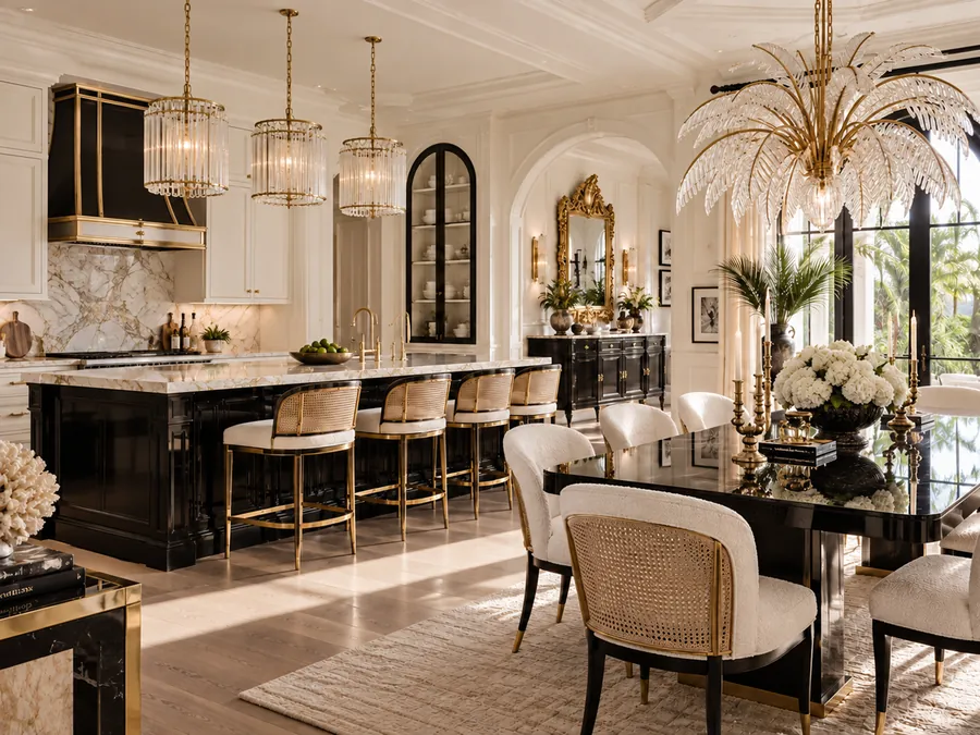Kitchen with a black lacquer island, marble counters, cane stools and crystal pendants
