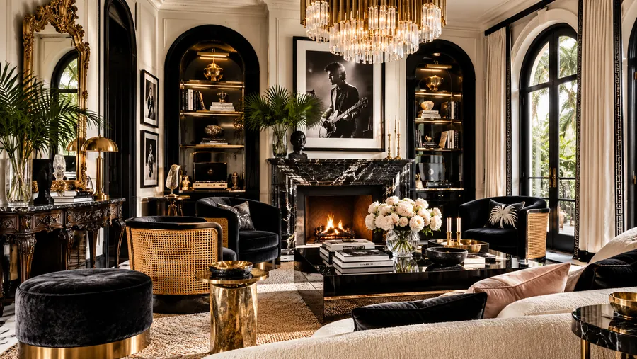Black and ivory living room with a black marble fireplace, cane armchairs and arched windows