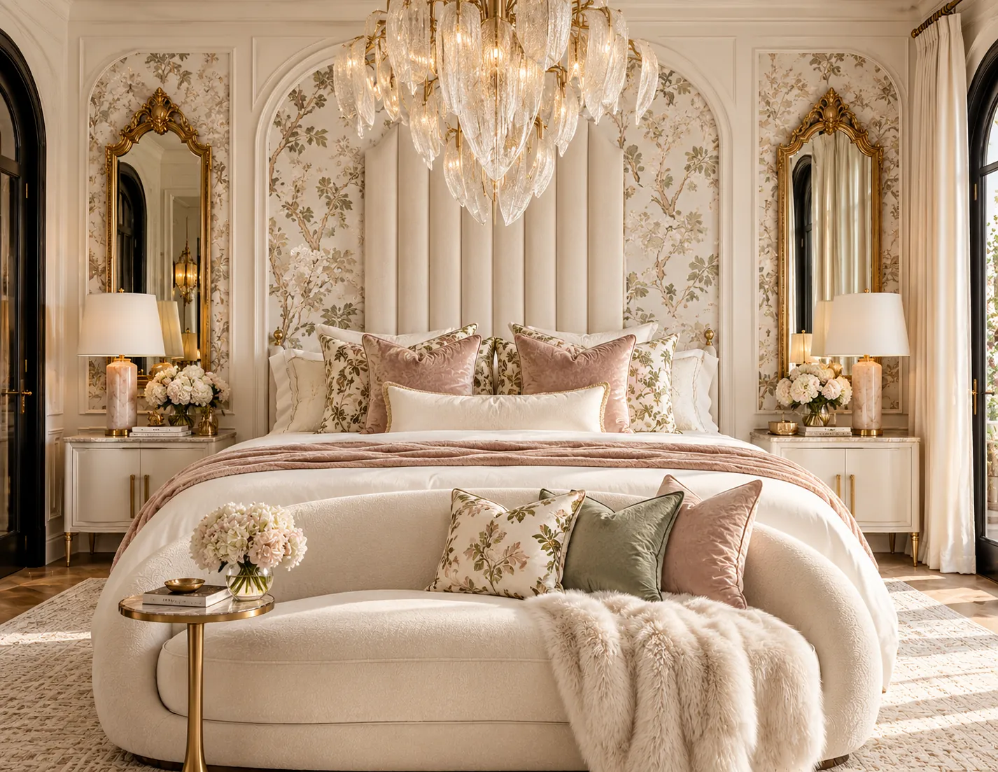 Bedroom with botanical wallpaper, gilt mirrors, a crystal chandelier and blush velvet pillows