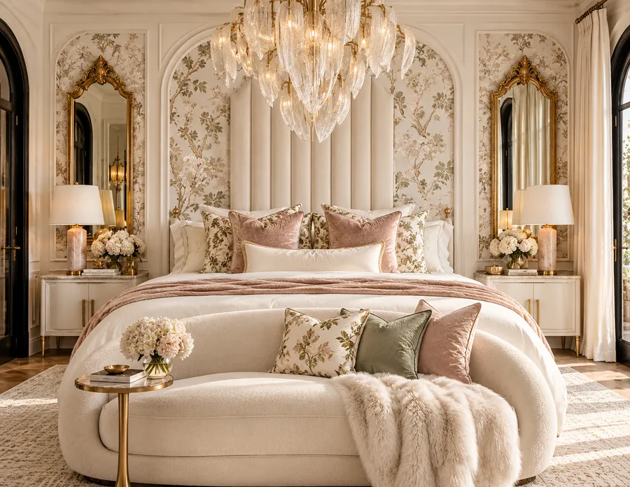 Bedroom with botanical wallpaper, gilt mirrors, a crystal chandelier and an ivory bouclé bench