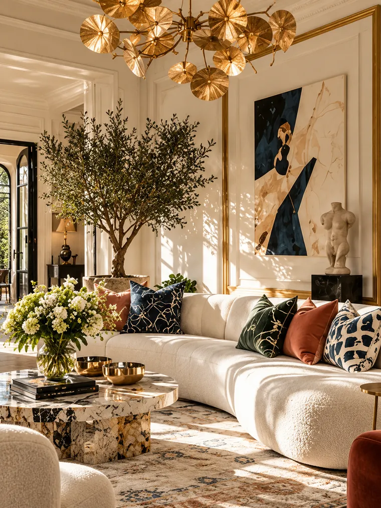 Living room with a sculptural gold lily-pad chandelier and an olive tree