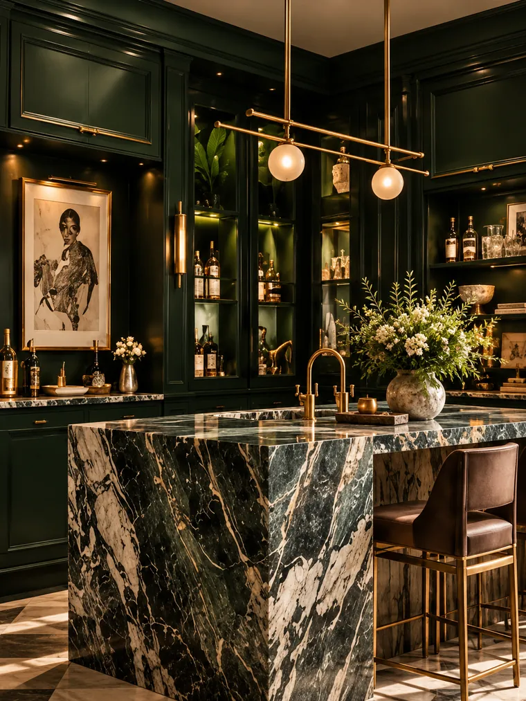 Bar with deep green paneling, a veined marble island and brass fixtures