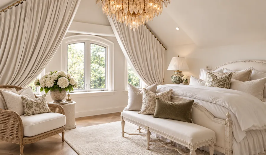 Ivory attic bedroom with draped curtains, a cane armchair and olive velvet pillows