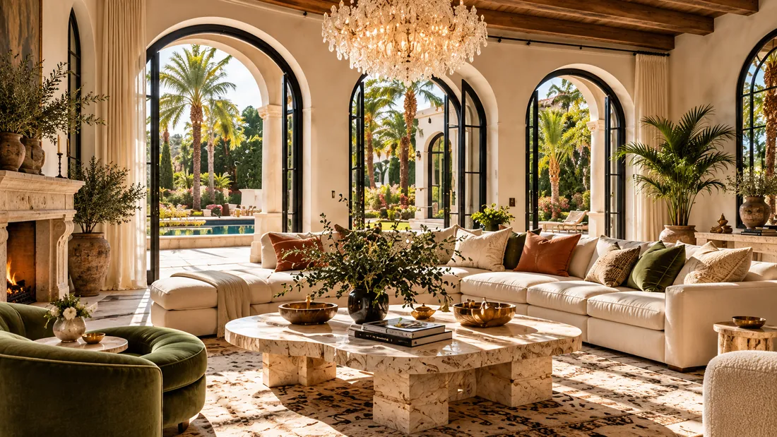 Living room with arched doors open to a pool, a crystal chandelier, a travertine coffee table and an olive velvet chair