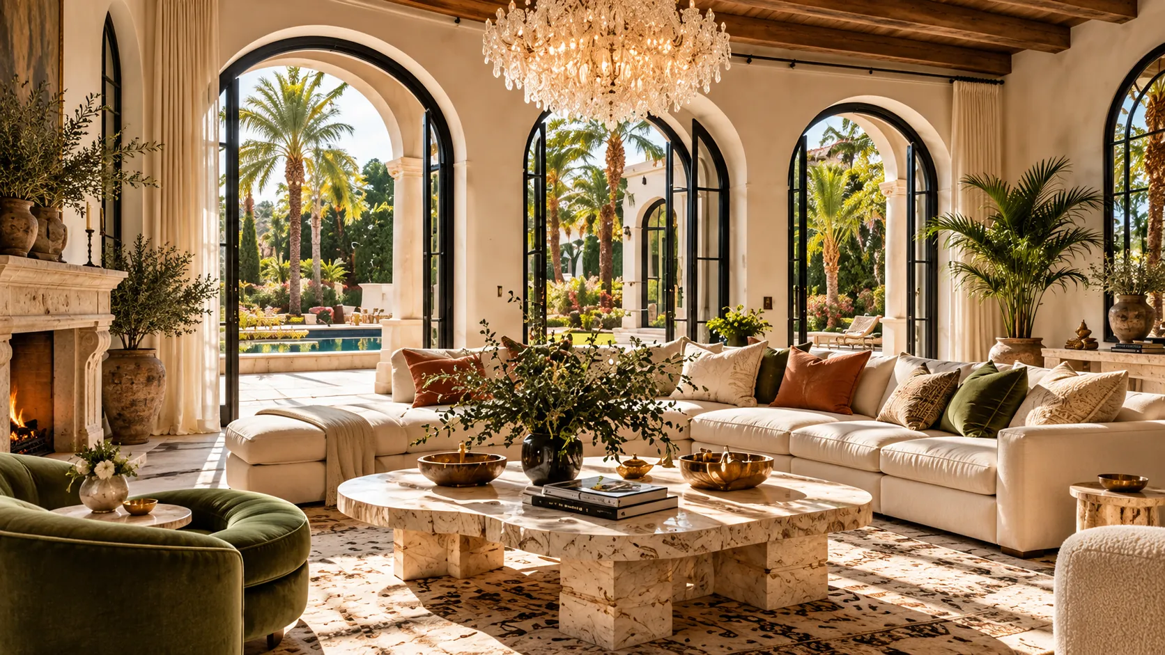 Living room with arched black doors open to a pool and palms, a crystal chandelier, a travertine coffee table and an olive velvet chair