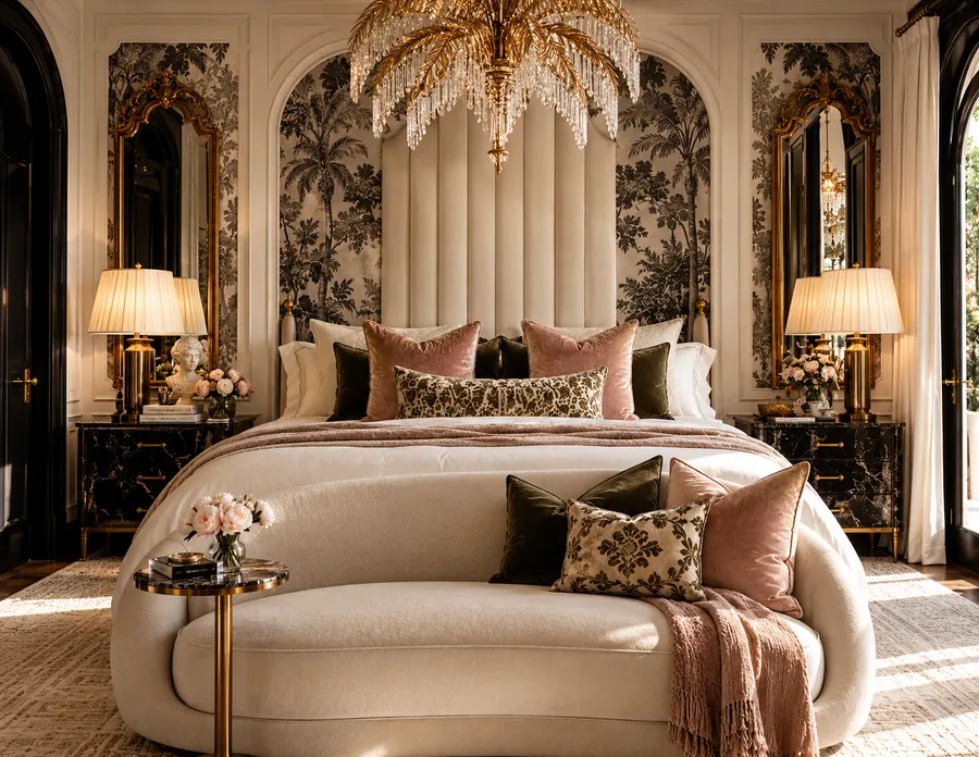 Bedroom with palm toile wallpaper panels, gilt mirrors and a channel-tufted headboard