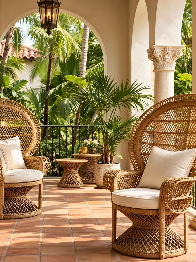 Vintage rattan peacock chairs on a terracotta-tiled loggia with palms